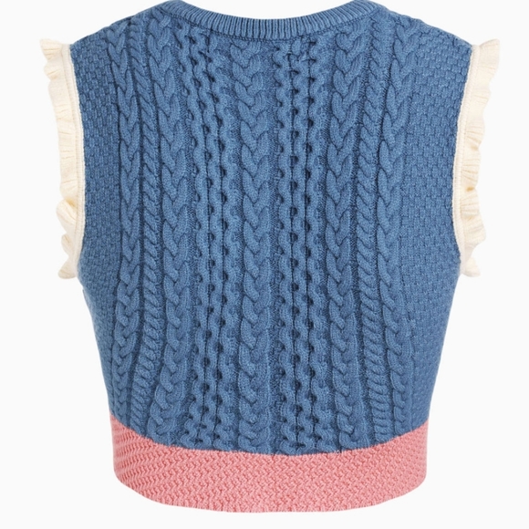 Cider Crop Sweater Vest Ruffle Pom Pom Cable Knit BOHO Blue Pink Orange LG NWT - Picture 4 of 14